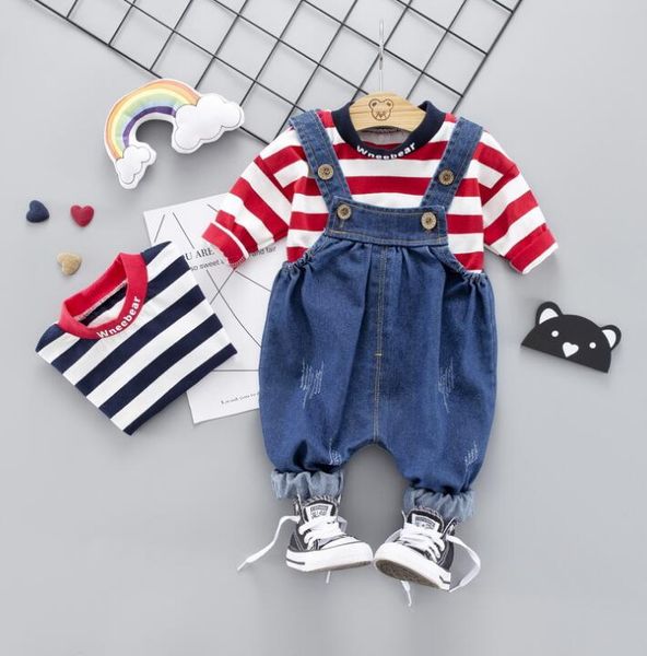 2Pcs Baby Girls Long Sleeve T-shirt stripe suspender pants Set Kids Outfits