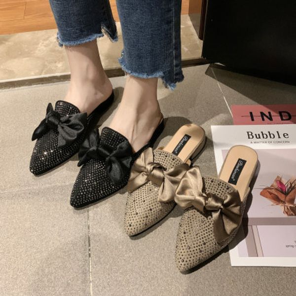 

slippers women wear thick heel pointed non-slip 2020 spring and summer new net red bow rhinestone mules shoes, Black
