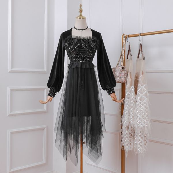 

2020 new retro mesh gauze receiving waist was thin puff sleeves velvet dress, Black;gray