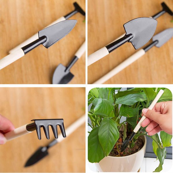 

mini gardening tools 3pcs/set wood handle stainless steel potted plants shovel rake spade flowers potted plant garden supplies