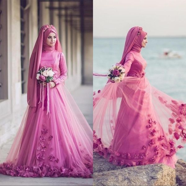 

elgant a line high neck evening dresses fuchsia 3d flora appliques long sleeve muslim dubai araby style formal occasion prom party dresses, Black;red