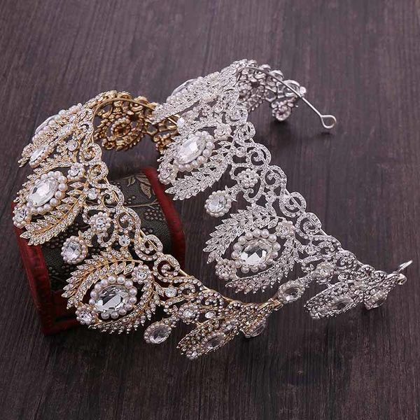 

exquisite bridal baroque tiara vintage large shiny crystal rhinestone leaves half circle crown wedding hair accessories jewelry, Golden;white
