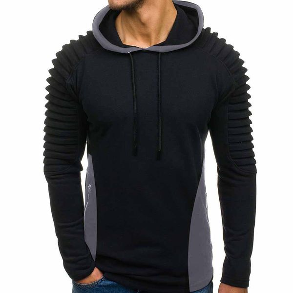 

2019 new sweatshirt men splicing autumn winter pleats slim fit raglan long sleeve hoodie blouse hoodies for male, Black
