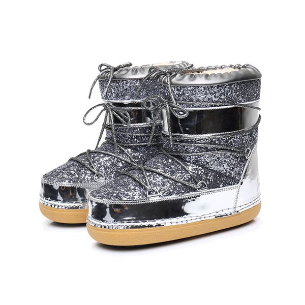 Venda quente-inverno feminino glitter dourado lantejoulas botas de neve sapato com pele sintética cabelo barco para feminino bottine femme botine lua frete grátis