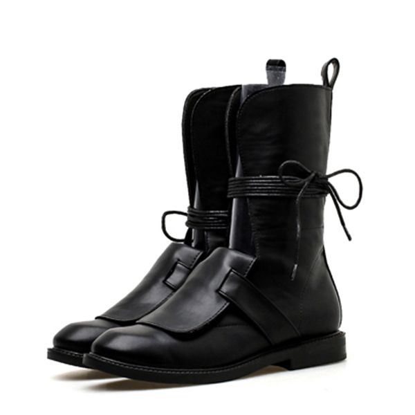 

boussac lace up cross-tie boots round toe winter women shoes mid-calf flat motorcycle boots shoes women swe0240, Black