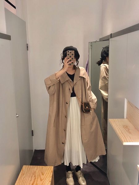 

np 2019 fashion korean college style knee-crossing trench coat chic turn-down collar single breasted cute female clothing warm, Tan;black