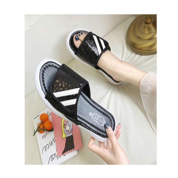 

sandals and slippers female summer wear 2019 new wild khaki sequins slippers female students casual beach shoes, Black
