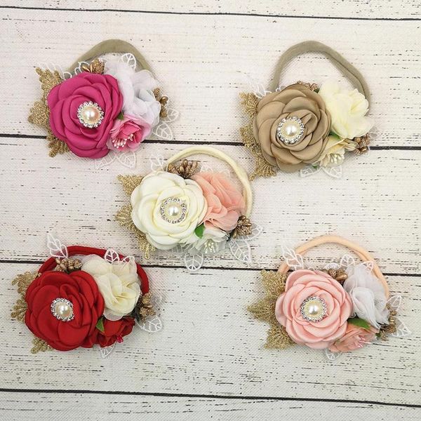 

elastic hair bands baby girl headband baby hair accessories boutique satin flower with rhinestone headband for children, Slivery;white