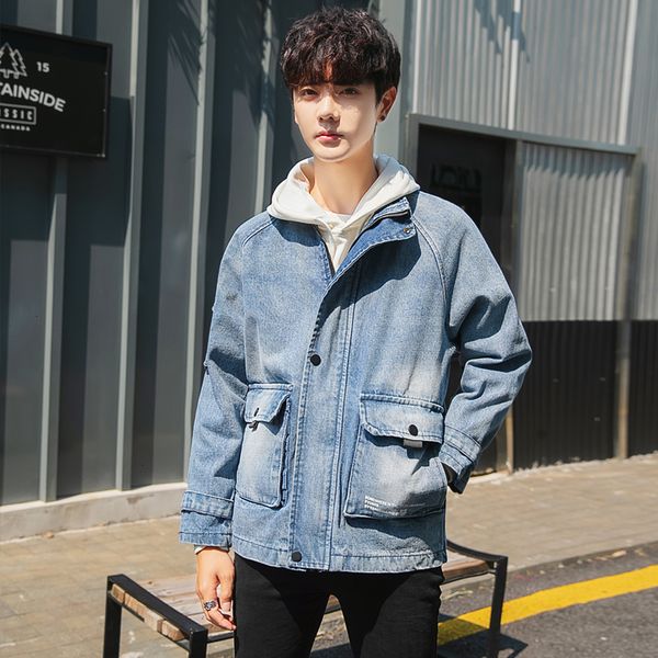 

new autumn denim jacket men's slim fashion wash retro letter print casual denim jacket man streetwear hip hop bomber, Black;brown
