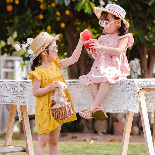 

2020 children's summer dress halter tether girl dress baby short sleeve small cherry print children, Red;yellow