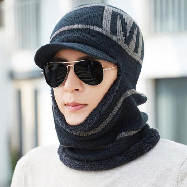 

winter men hat and scarf set male warm plush hooded cap scarves with brim knit visor beanies balaclava stripe bonnet, Blue;gray