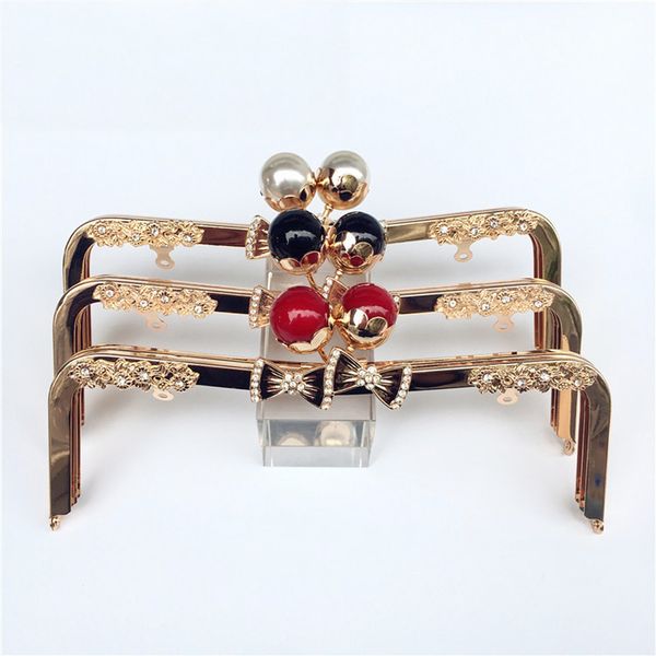 

diy women bag making metal clasp purse frame luxury golden color diamond decoration floral bowknot design pearl kiss buckle, Black