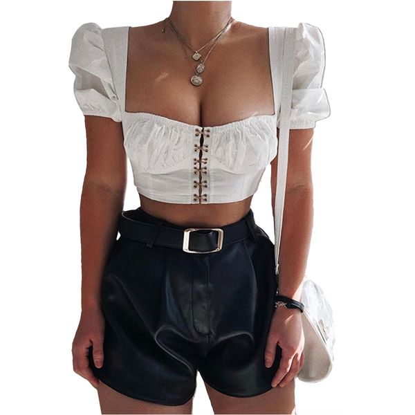 

vintage crop square collar fashion women hooks and blouses shirts cropped shirts puff sleeve short tunic clothes, White
