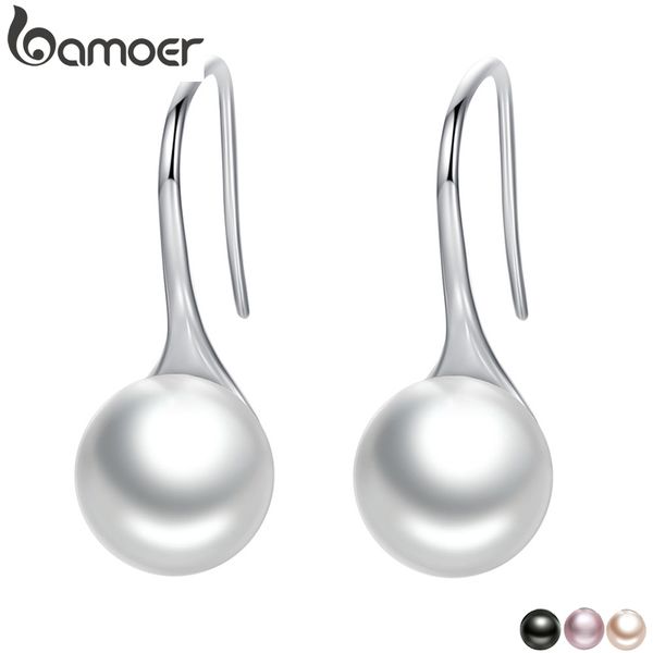 

bamoer 925 sterling silver elegant round pure love pearl drop earrings for women jewelry brincos white ,black purple pink sce037