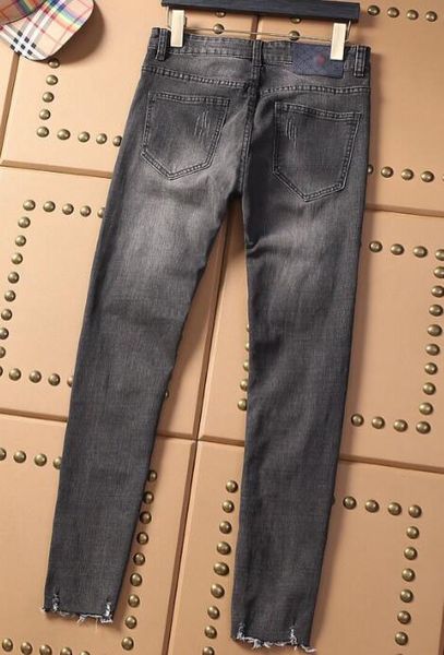 

19ss designer gray hole badge nine points jeans rotten feet men's slim comfortable feet pants, Blue