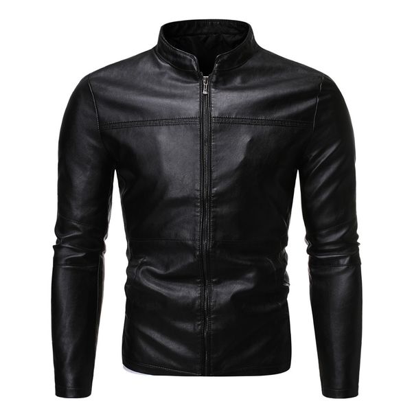 

jaycosin 2019 large size leather jacket men's autumn long sleeve stand collar jacket winter zipper solid color faux fur coat, Black;brown