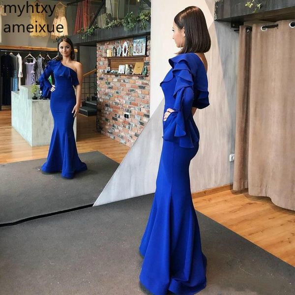 

modern blue formal mermaid one shoulder 2019 evening dresses long sleeve ruffles formal wears sweep train satin prom gowns, White;black
