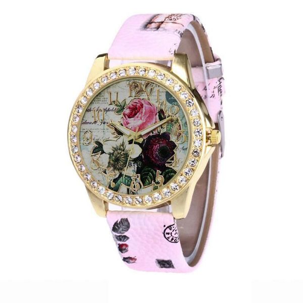 

fashion rose pattern leather band analog quartz vogue wristwatches, Slivery;brown