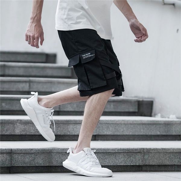

Januarysnow Brand Designer Men Hip Hop Short Joggers Streetwear Harajuku Shorts Pockets Ribbon Summer Black Tatical Military Baggy Short