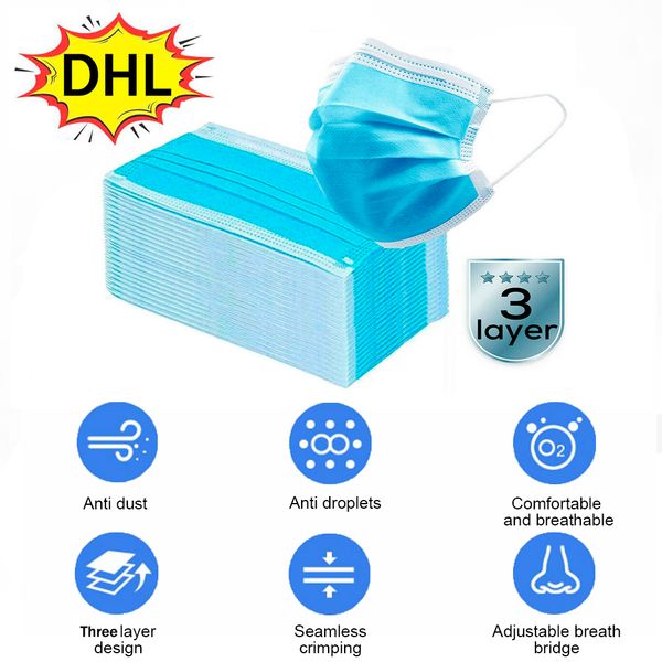 

disposable face masks 3-layers non-woven mouth anti-dust earloops facial protective cover breathing safety masks ship dhl