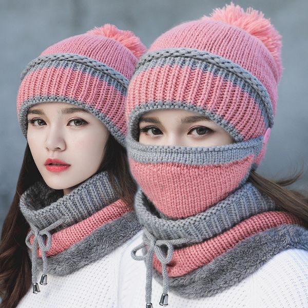 

new youth winter thick plus cashmere warm masks hat scarf autumn winter women's knit hat wool ball cover ear collar three set, Blue;gray