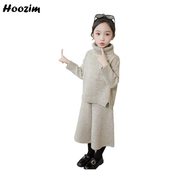 

high street suit for girls 4-12 years split knitted turtleneck pullover sweater set kids nice solid crochet wide leg pants child, White