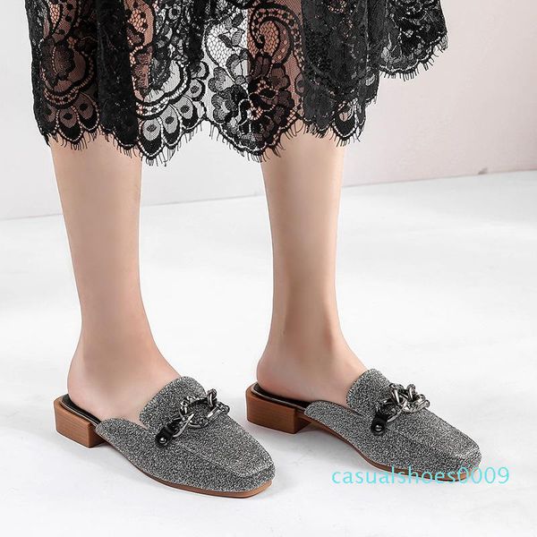 

shoes woman mules metal decoration square heels slippers closed toe slides shallow plus size shoes zapatos mujer black gray c09