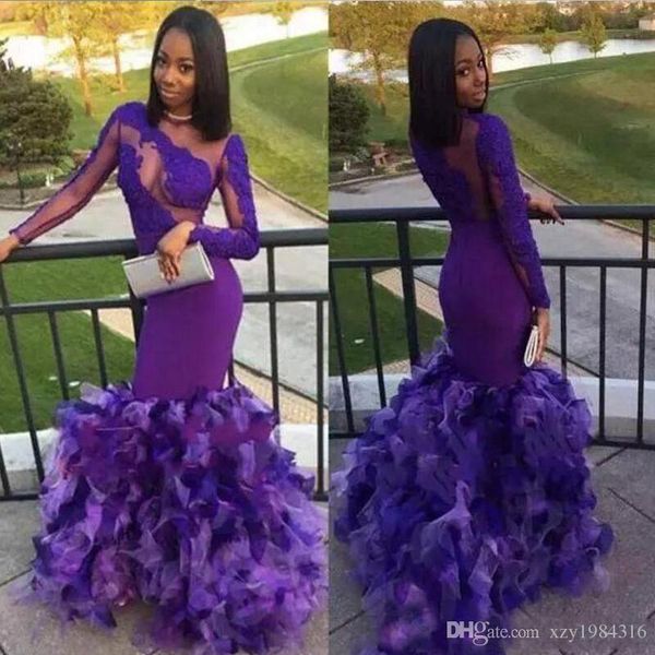

purple mermaid prom dresses illusion long sleeves jewel sheer neck formal evening dresses sweep train zipper back party gowns, Black