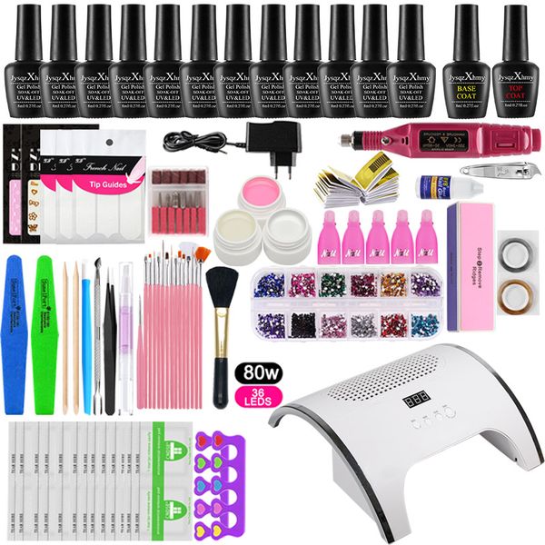 

manicure set with lamp nail kit 80w uv led lamp for nail art set 12pcs 8ml uv gel polish varnish tools for manicure kit