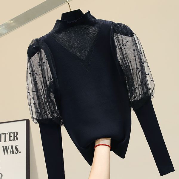 

lantern sleeve slim turtleneck black chiffon stitching sweater women fashion knitted pullovers, White;black