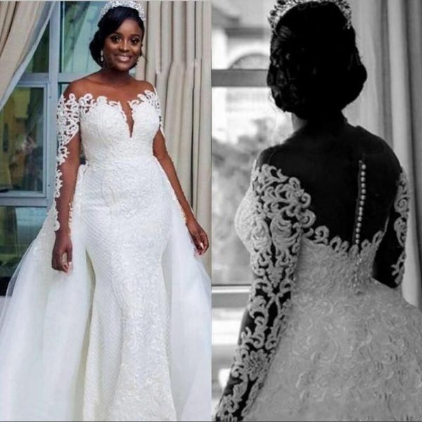 

mermaid wedding dresses with overskirt detachable skrit lace long sleeve applique bridal gown train church bride dress vestido de novia, White