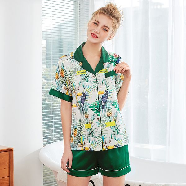 

new pajama set summer women comfortable imitation silk print pyjama set short sleeve sleepwear suit nightshirt femme, Blue;gray
