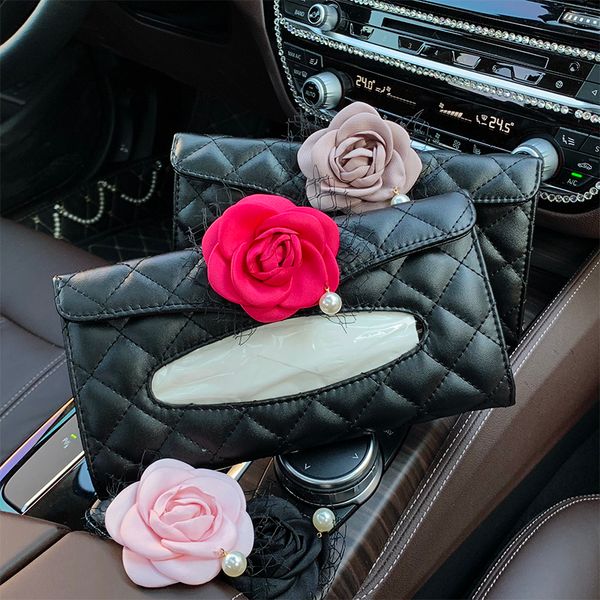

car pu leather simple camellia cute car tissue box universal for sun visor hanging tissue box holder sunshade case accessories