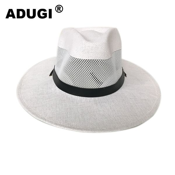 

adugi panama mesh cap men's sun hat belt jazz hat summer breathable mesh big edge shade outdoor leisure beach, Blue;gray
