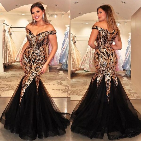 

2020 modern off the shoulder tulle mermaid evening formal dresses zipper back prom dresses with gold sequins, Black;red