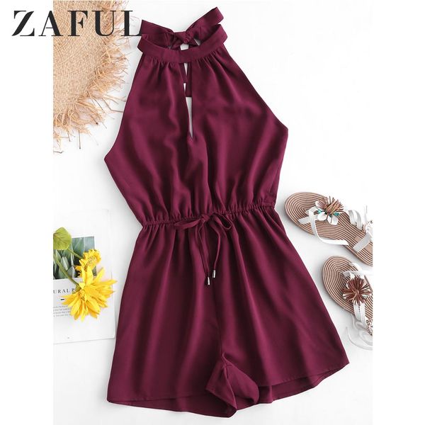 

zaful tie back keyhole flowy romper women summer round collar sleeveless solid color playsuits fashion short jumpsuit overalls, Black;white