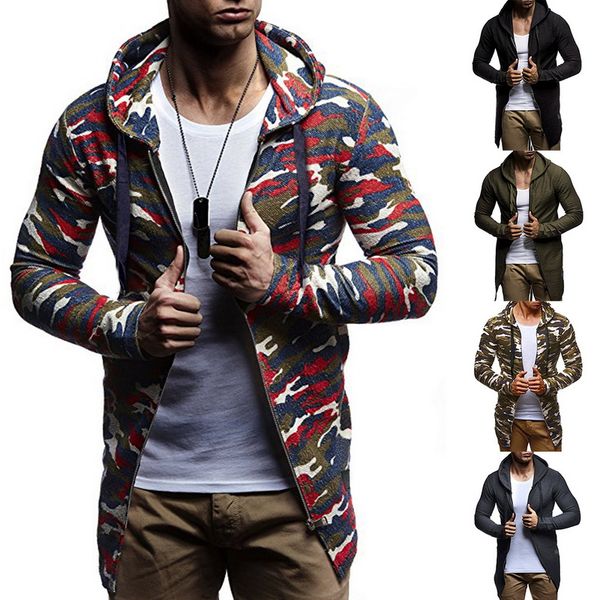 

2018 men hoodies camouflage solid autumn winter drawstring pocket hooded sweatshirt long sleeve zipper slim male casual coat, Black