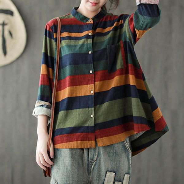 

мода корейский красочные полосатый льняные топы и блузки женщины хлопок рубашки сними повседневная stand collar женщины одежда lt961s30, White