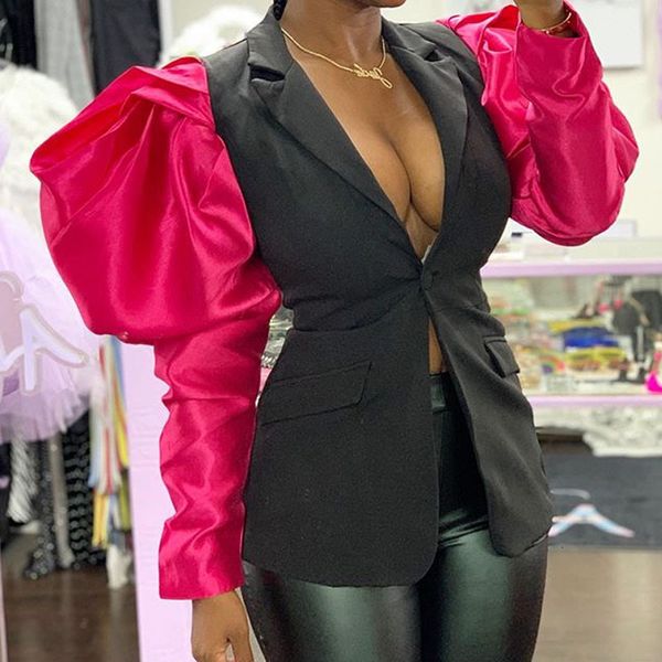 

autumn femme suit blazer contrast color mosaic long puff sleeve suit collar deep v single buckle coats office ladies blazer, White;black