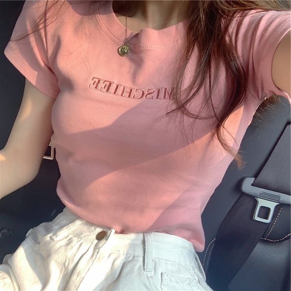 

embroidered letter short-sleeved coat female 2020 loose student ins women's dress embroidered letter short-sleeved coat t-shirt t-shirt, White