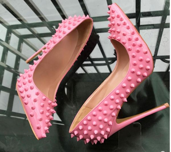 

2019 new type black rivet pink women's red bottom high-heeled shoes 8cm 12cm 10cm large size 44 cusp fine heel single shoes nightclub b