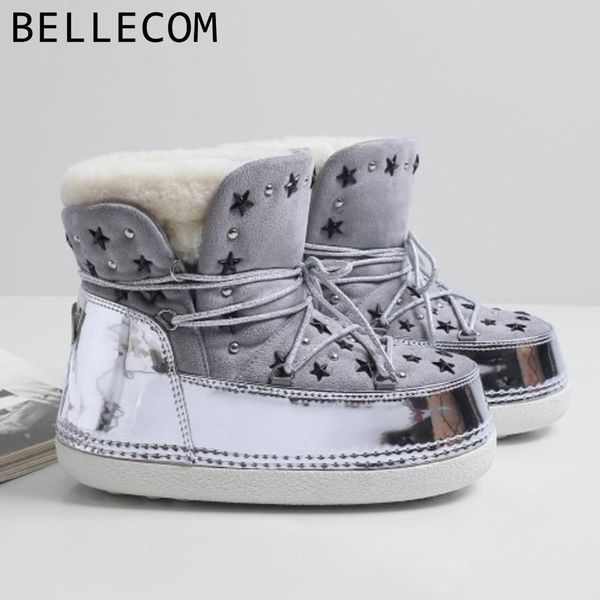 

bellecom winter pure wool short canister snowfield five stars rivet space boots will cotton-padded shoes silver leisure, Black