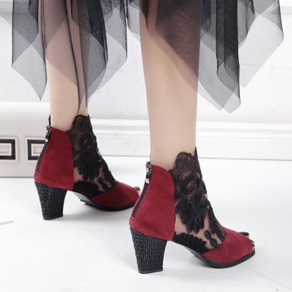 

loecktty 2019 new high-heeled shoes with coarse gauze lace fish mouth sandals women sandals, Black