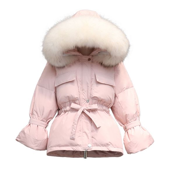 

winter real raccoon fur collar 90% white duck down parkas women slim hooded pink jackets female warm snow down coat, Black