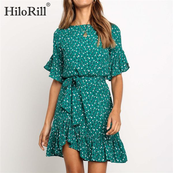 

summer women dresses 2020 casual short sleeve elegant boho print beach dress ruffles a-line mini party dress robe femme, Black;gray