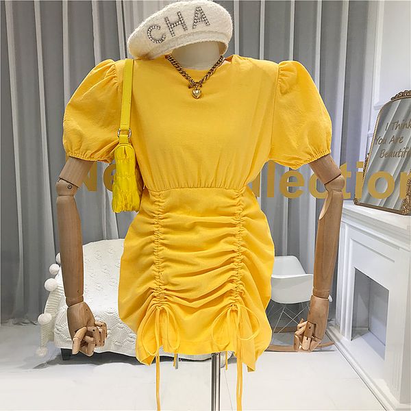 

2020 summer new drawstring package hip dress female solid color slim short-sleeved basic mini dress summer dresses jfmhrx, Black;gray
