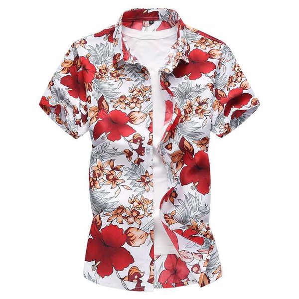 

men's casual shirts 2021 summer shirt red flower short-sleeved fashion trend plus size hawaiian brand clothes 7xl,5302, White;black