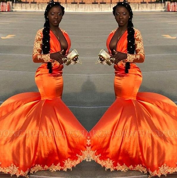

orange black girl prom dresses 2020 plunging deep v neck long sleeves sweep train mermaid lace applique beaded formal evening gown