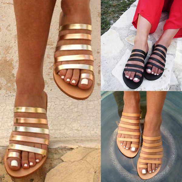 

2019 muqgew sandals slipper beach shoes women's ladies spring summer flat heel strap slippers beach sandals roman shoes30, Black