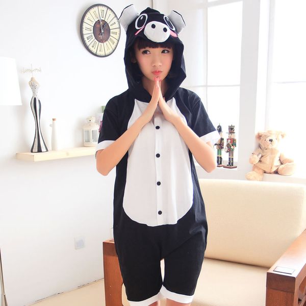 

women summer pajama animal pig pink black cosplay hoodie cotton onesies sleepwear short sleeve costume, Blue;gray